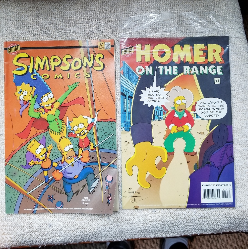 2 Vintage Comic Books w/ 4 titles: The Simpsons, Homer on the Range, and McBain